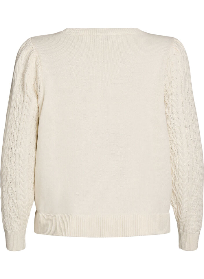 Blouse en maille avec motif torsad&eacute; et fleurs brod&eacute;es, Blanc, Packshot image number 1