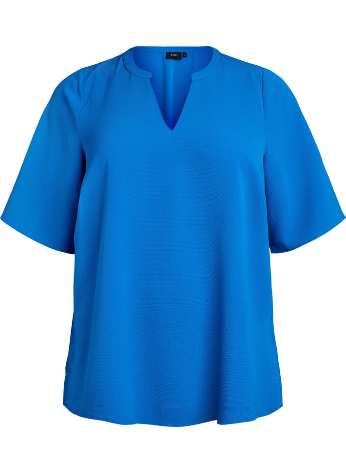 Kurzärmlige Bluse mit V-Ausschnitt, Blau, Packshot image number 0
