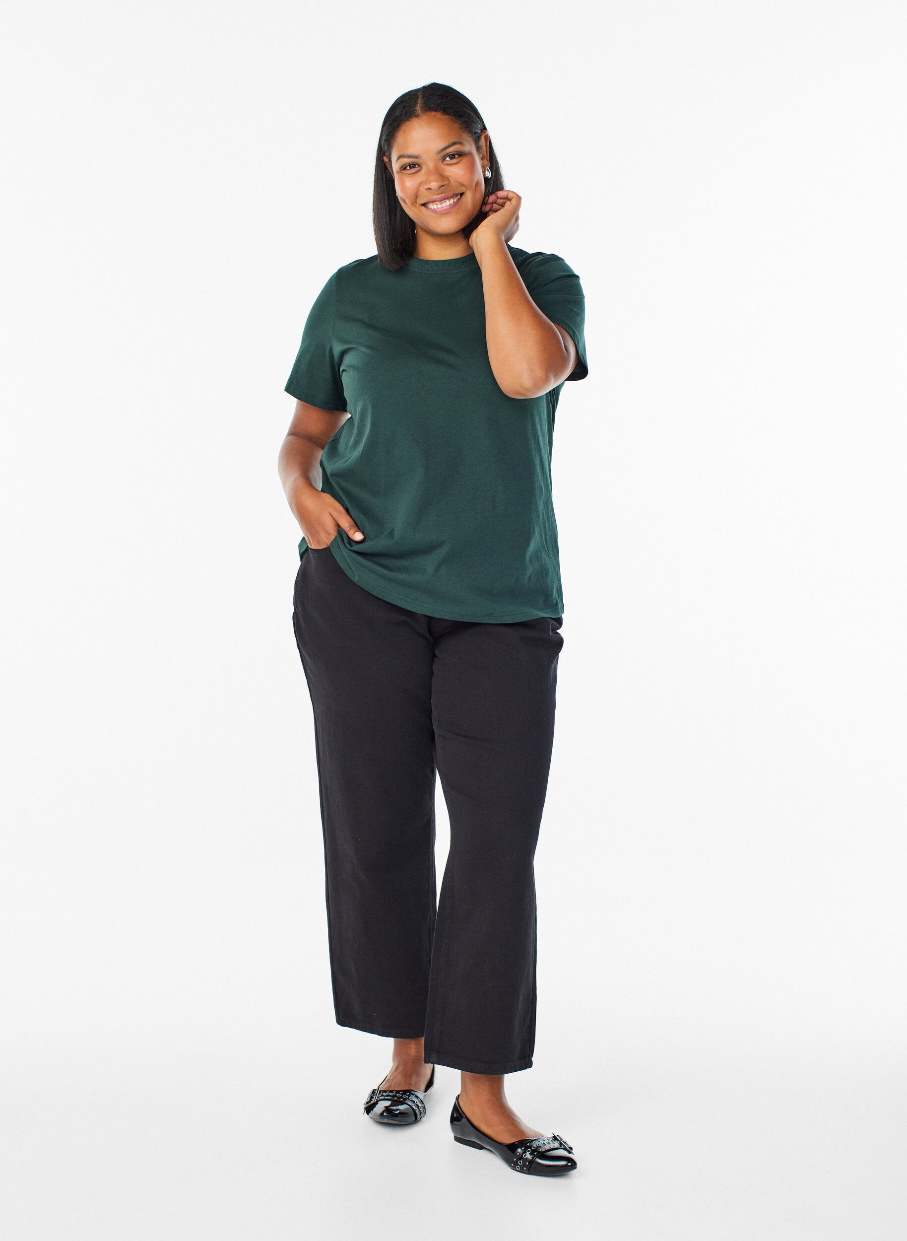 ZizziT-shirt basique en coton &agrave; col rond, Vert fonc&eacute;, Model image number 1