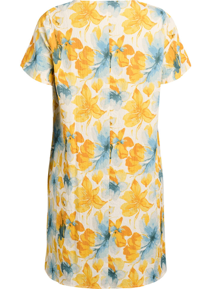 Robe courte avec texture froiss&eacute;e et manches courtes, Jaune, Packshot image number 1