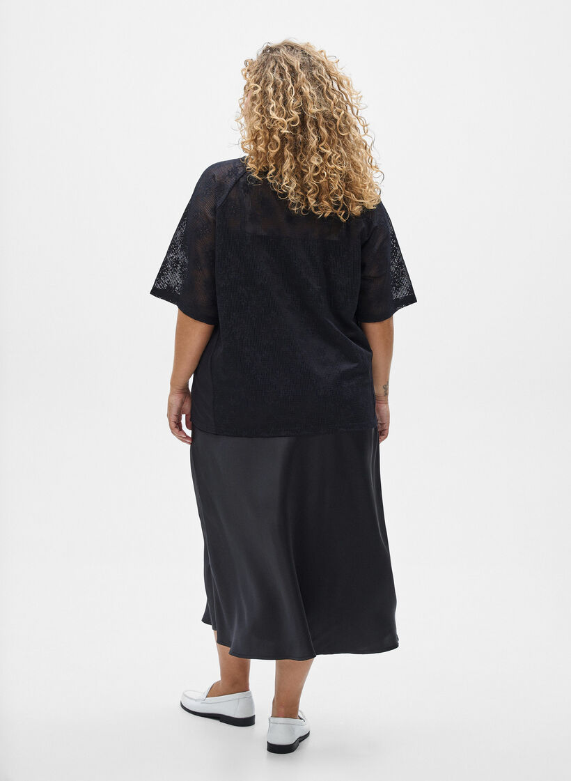 T-shirt en dentelle avec imprimé texte, Noir, Model image number 2