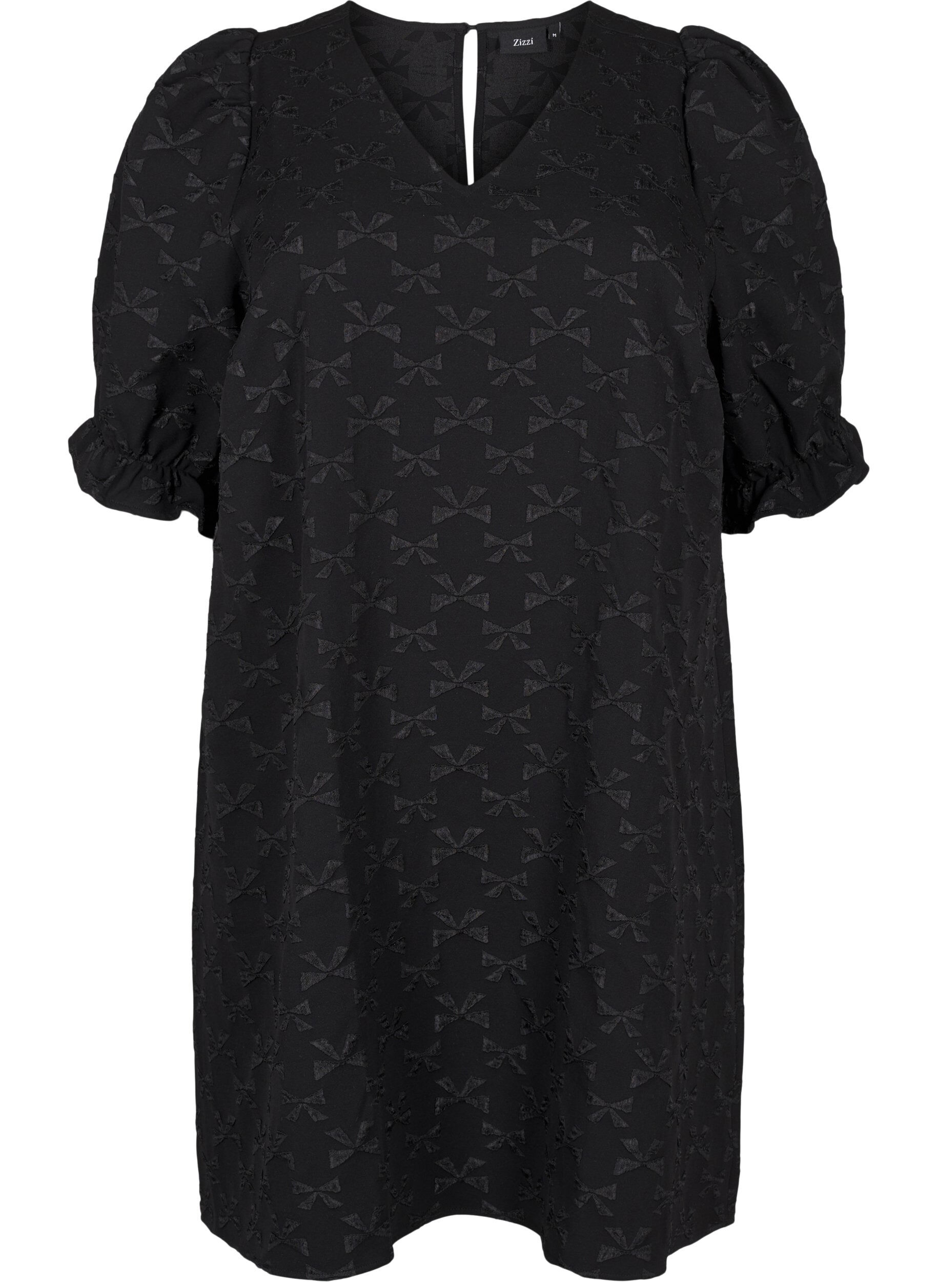 Zizzi Kurzes Jacquard-Kleid mit Schleifen, Black W. Bow, Packshot image number 0