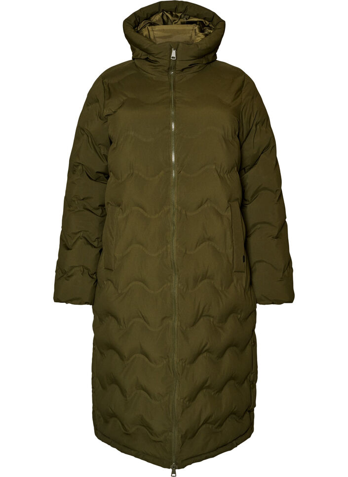 Doudoune longue &agrave; capuche avec motif vagues, Vert Kaki, Packshot