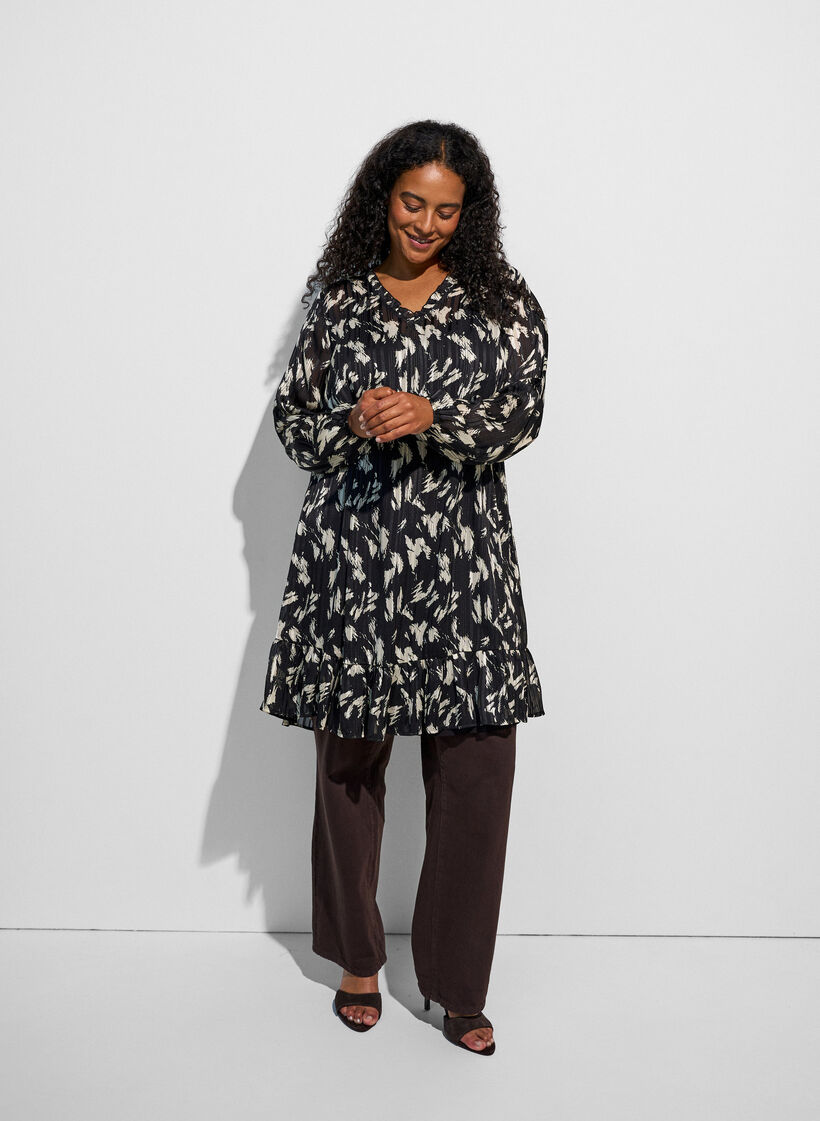 Gemustertes Kleid mit R&uuml;schen und langen &Auml;rmeln, Schwarz, Model image number 1