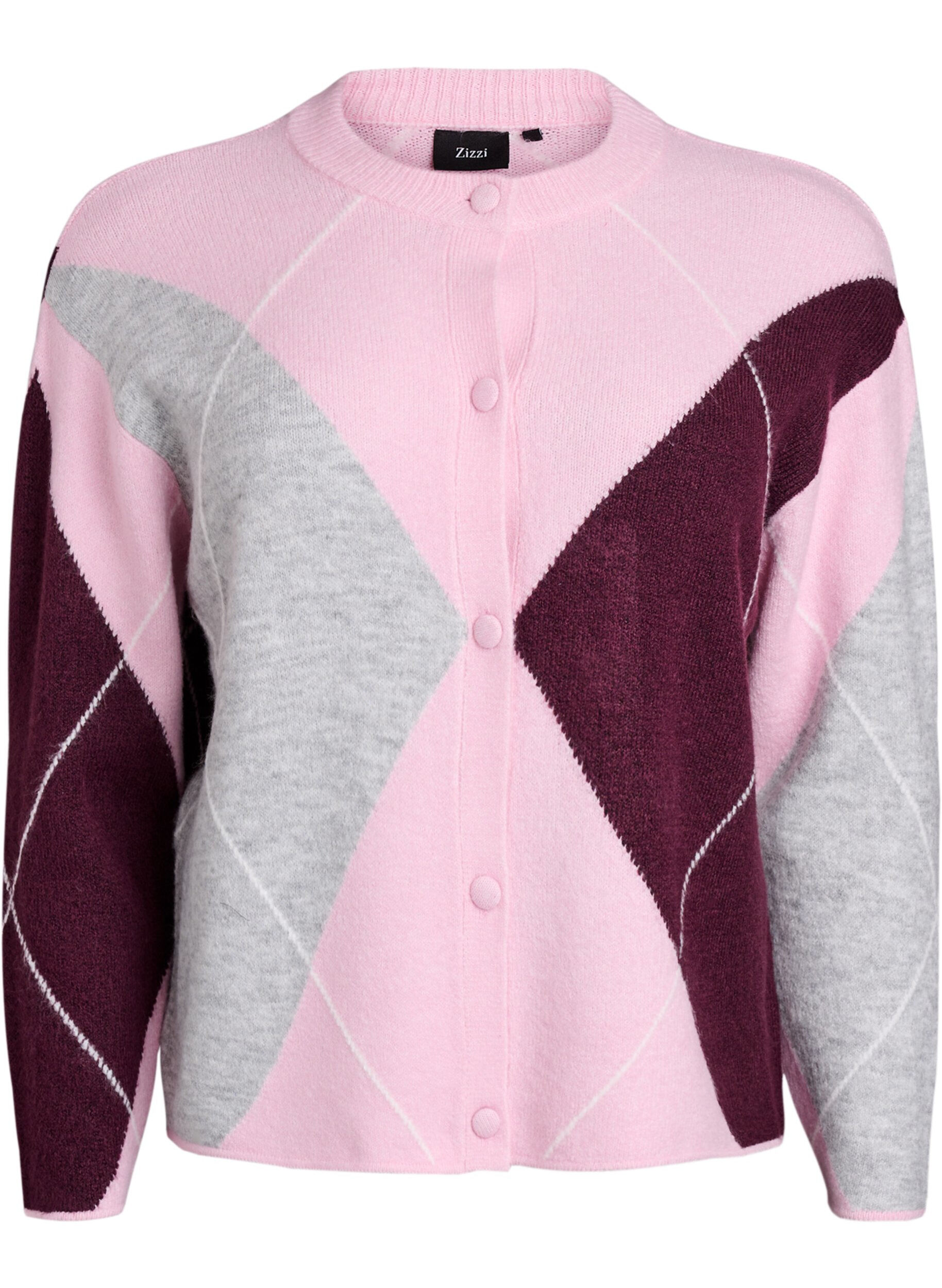 Zizzi Cardigan &agrave; motif argyle et col rond, Rose, Packshot image number 0