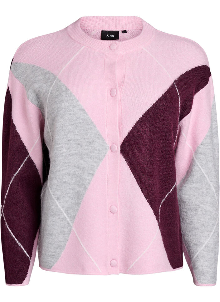 Cardigan à motif argyle et col rond, Rose, Packshot image number 0