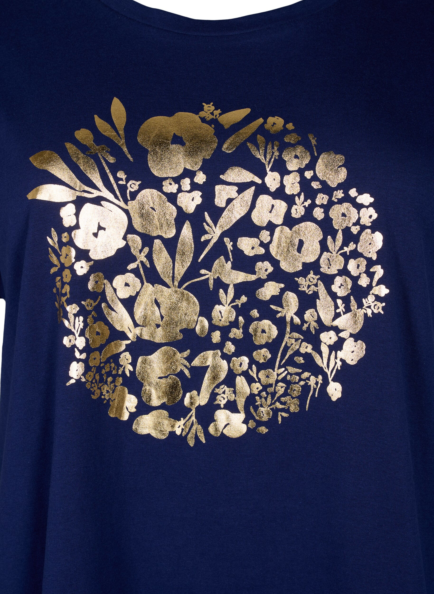 Zizzi T-shirt en coton biologique avec imprim&eacute; dor&eacute;, Med.Blue Gold Flower, Packshot image number 2