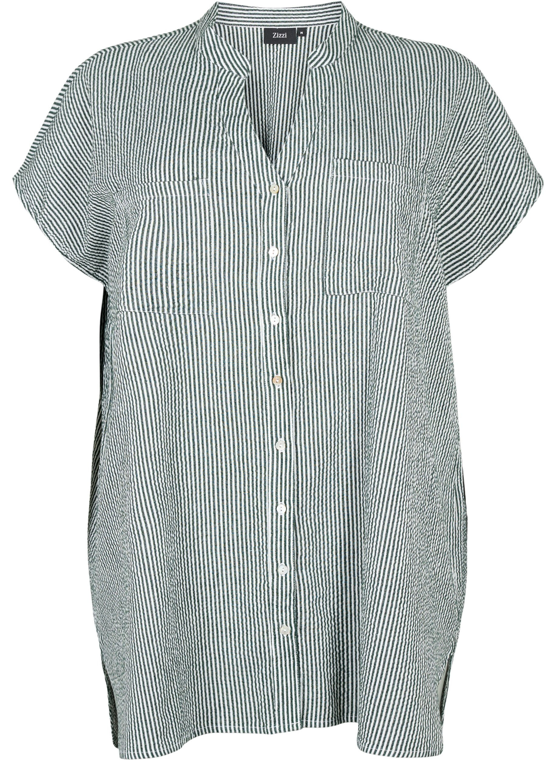 Zizzi Chemise &agrave; manches courtes en coton &agrave; rayures, Scarab Stripe, Packshot image number 0