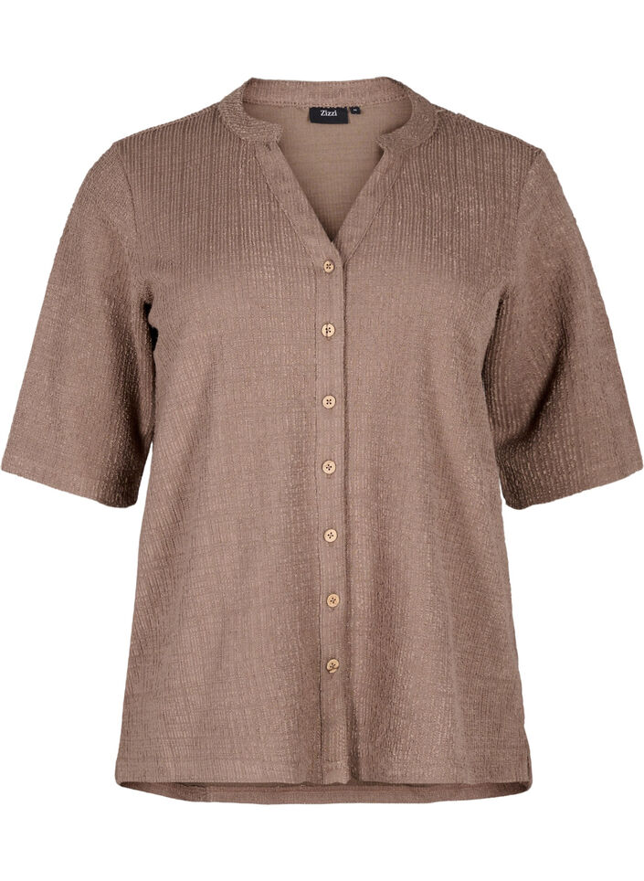 Bluse mit Struktur und V-Ausschnitt, Walnut, Packshot image number 0