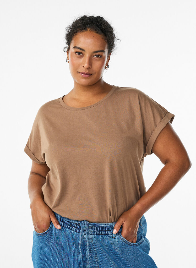 T-shirt &agrave; manches courtes en m&eacute;lange de coton, Marron, Model image number 0