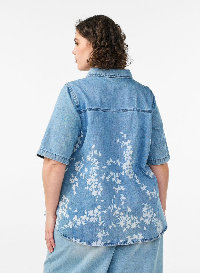 Jeanshemd mit Blumenprint und kurzen &Auml;rmeln, Blau, Model image number 2
