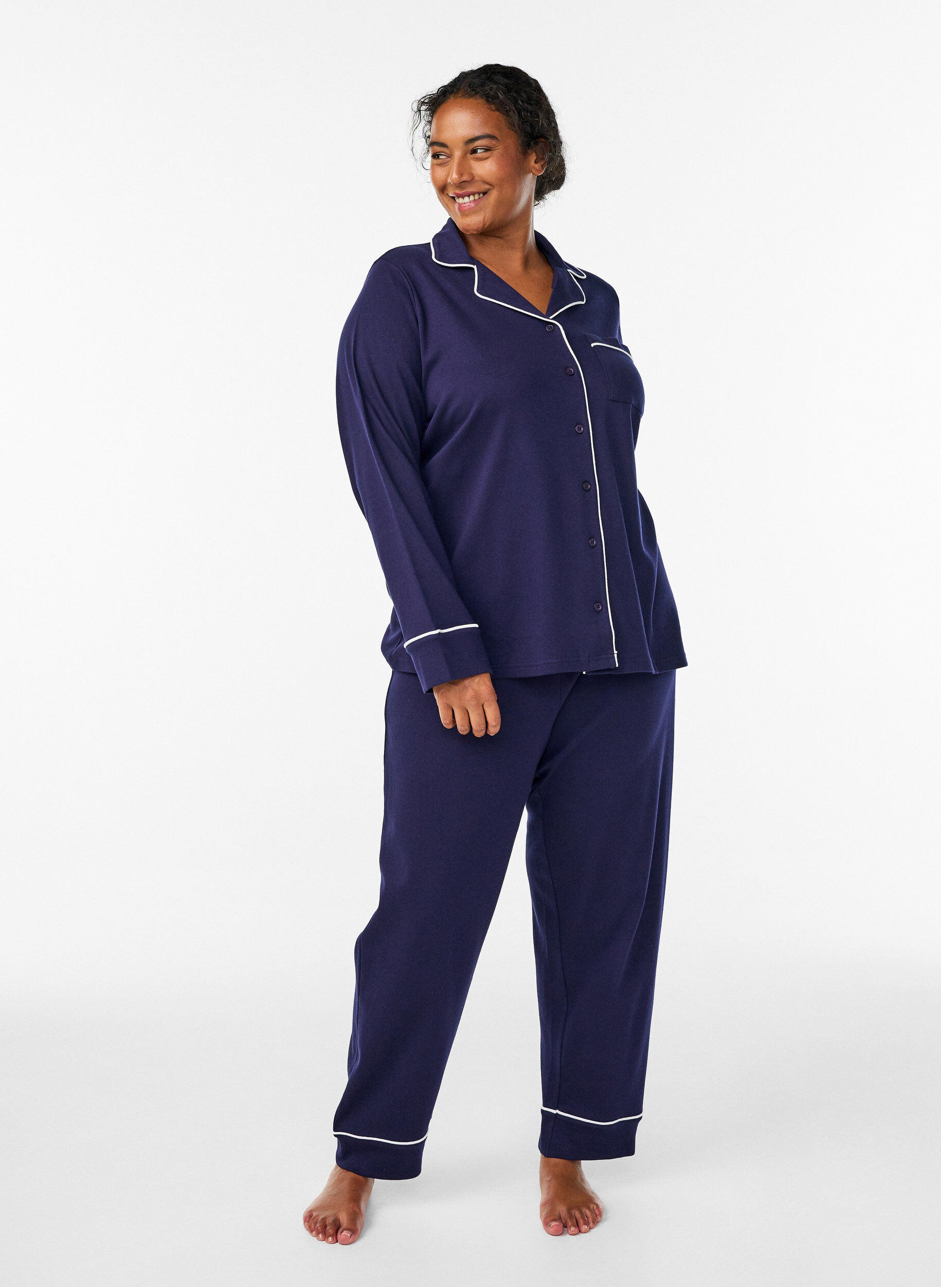 Baumwoll-Pyjamahose mit hohem Bund, Blau, Model