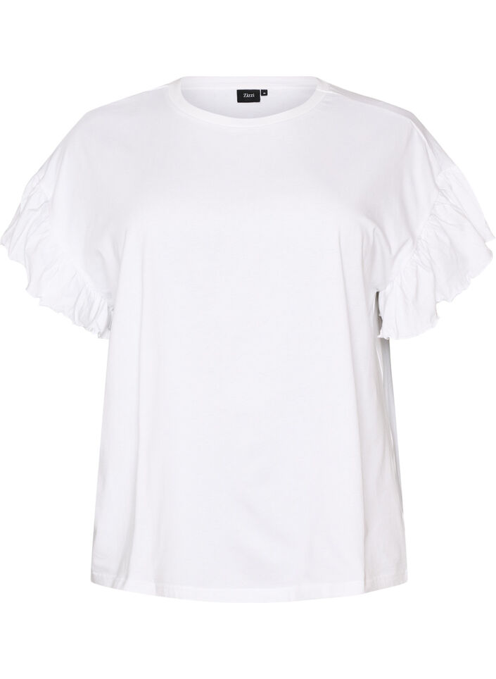 T-shirt en coton bio avec manches &agrave; volants, Blanc, Packshot image number 0