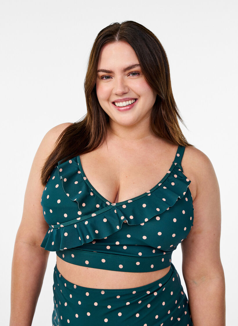 Bikinioberteil mit Punkten und R&uuml;schendetails, Gr&uuml;n, Model image number 0