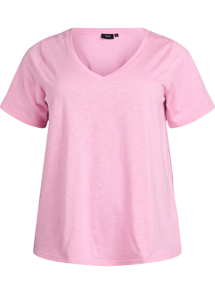 T-shirt basique &agrave; manches courtes et col en V, Rose, Packshot image number 0