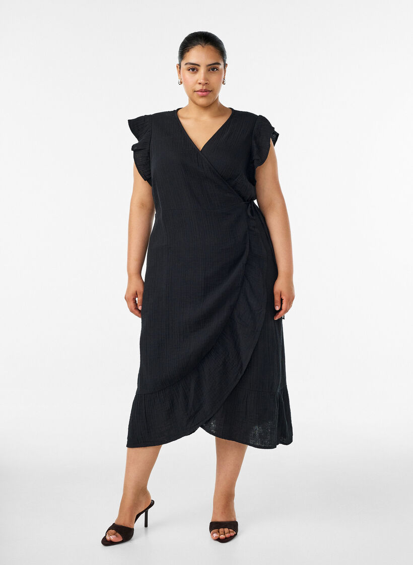 Wickelkleid aus Baumwoll-Musselin mit R&uuml;schen, Schwarz, Model image number 0