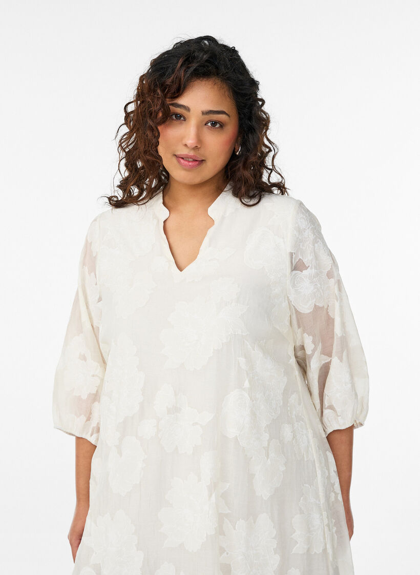 Robe midi &agrave; imprim&eacute; floral et manches 3/4 transparentes, Beige, Model image number 2