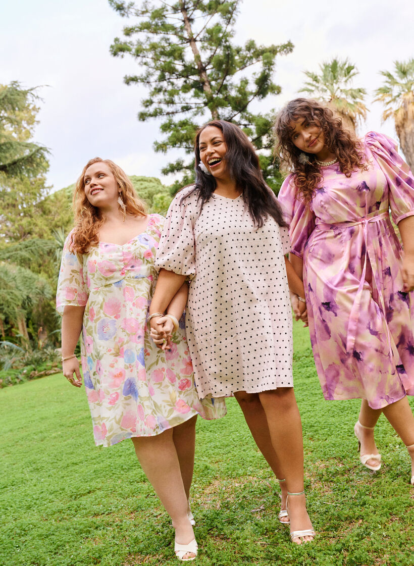 Robe &agrave; pois coupe &eacute;vas&eacute;e avec manches ballon, Rose, Image image number 0