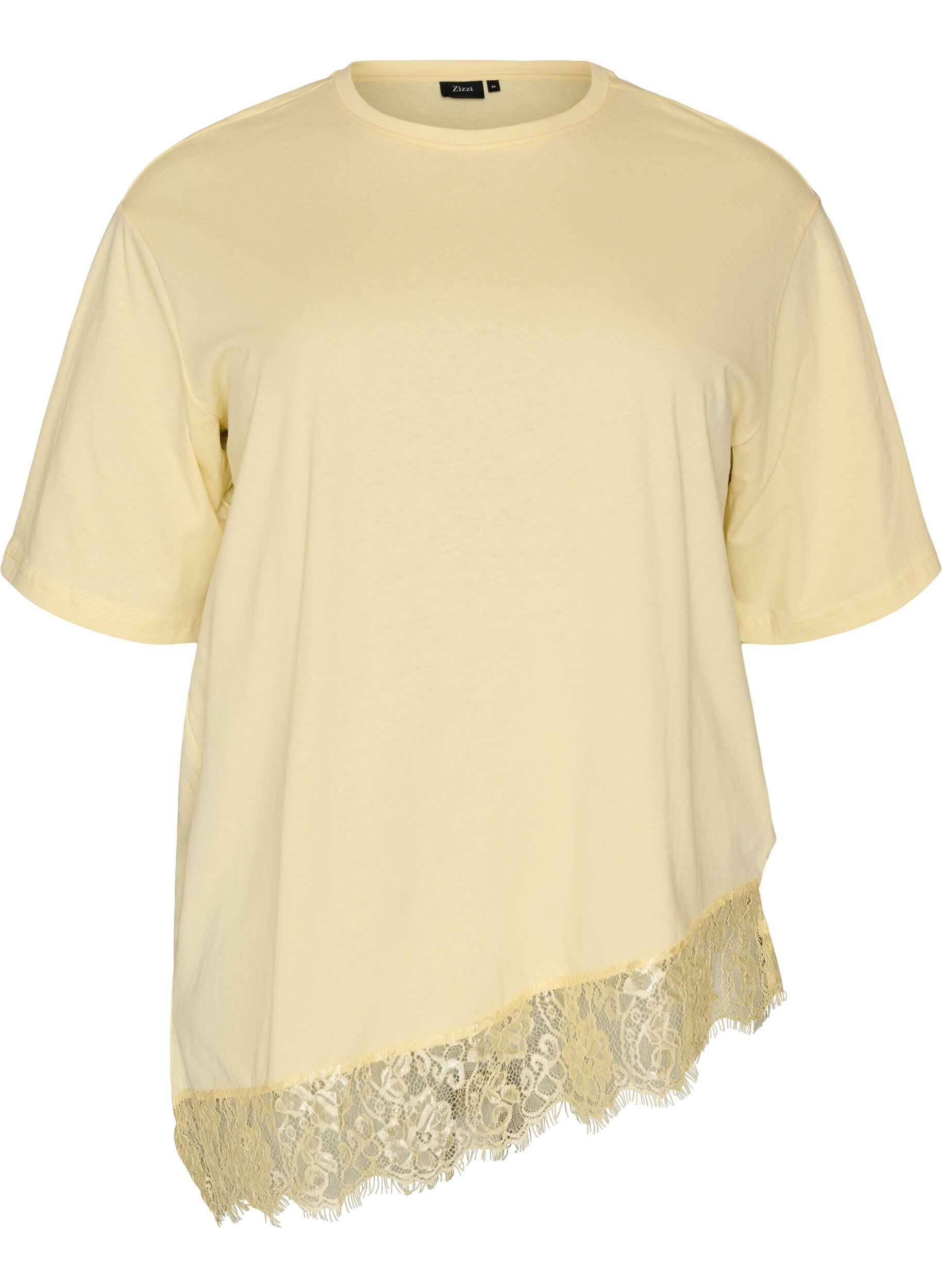 ZizziT-shirt avec ourlet asym&eacute;trique en dentelle, Jaune clair, Packshot image number 0