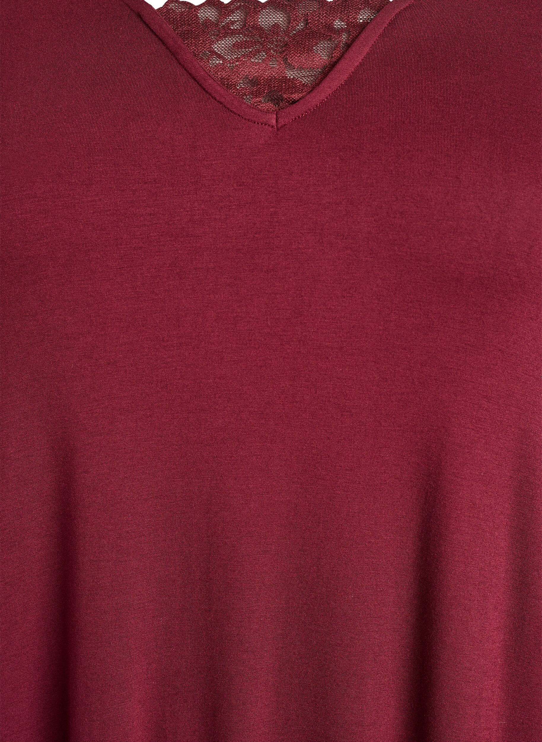 Zizzi Lang&auml;rmliges Nachthemd mit Spitzeneinsatz und V-Ausschnitt, Rot, Packshot image number 2