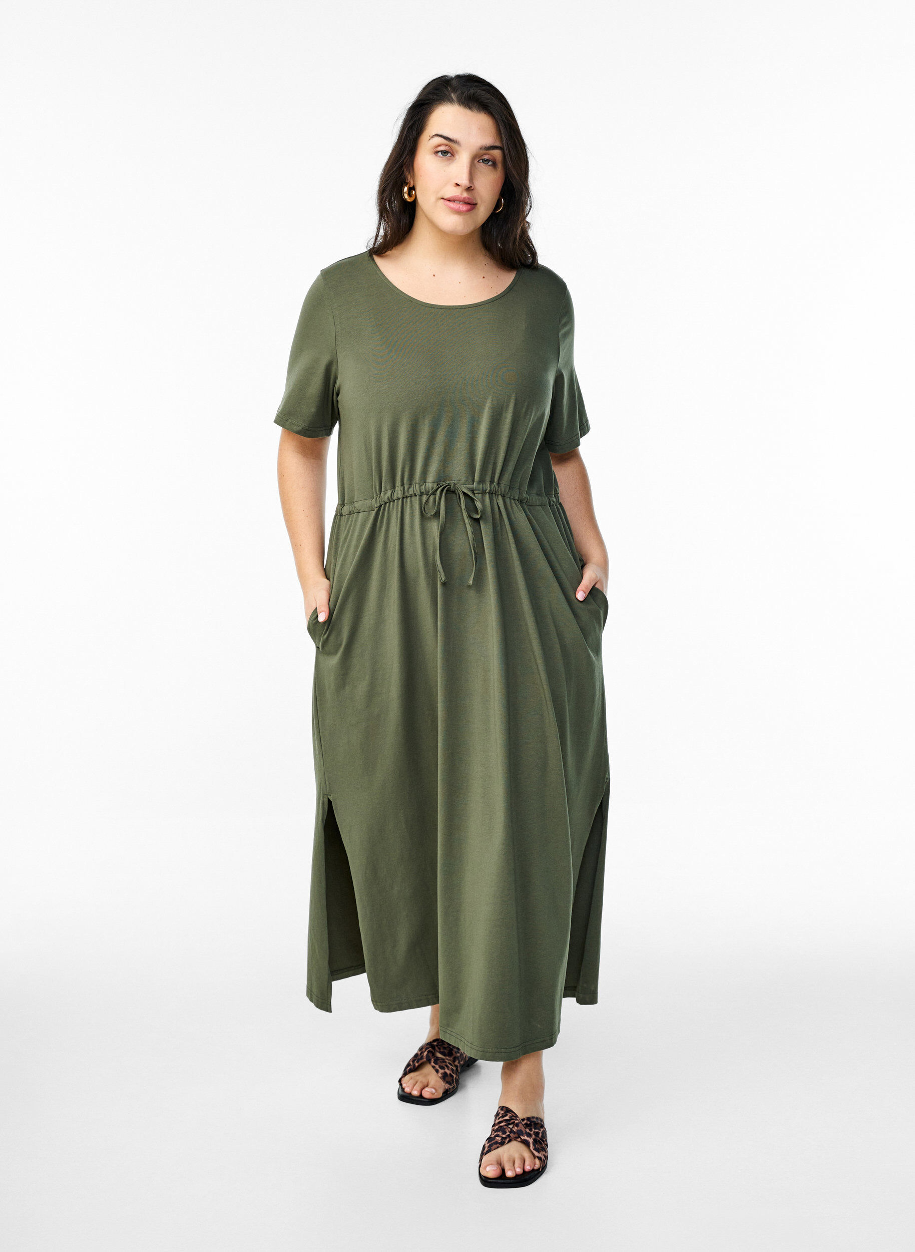 Zizzi Midikleid aus Baumwolle mit kurzen &Auml;rmeln, Gr&uuml;n, Model image number 0
