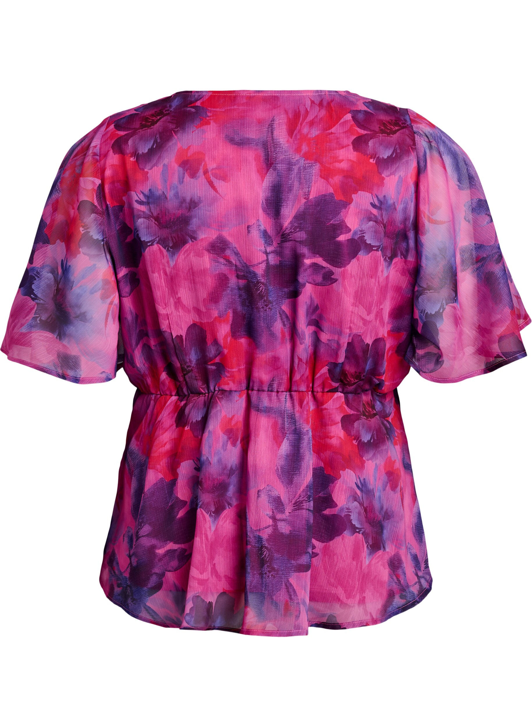 Zizzi Gebl&uuml;mte Chiffonbluse mit kurzen &Auml;rmeln, Rot, Packshot image number 1
