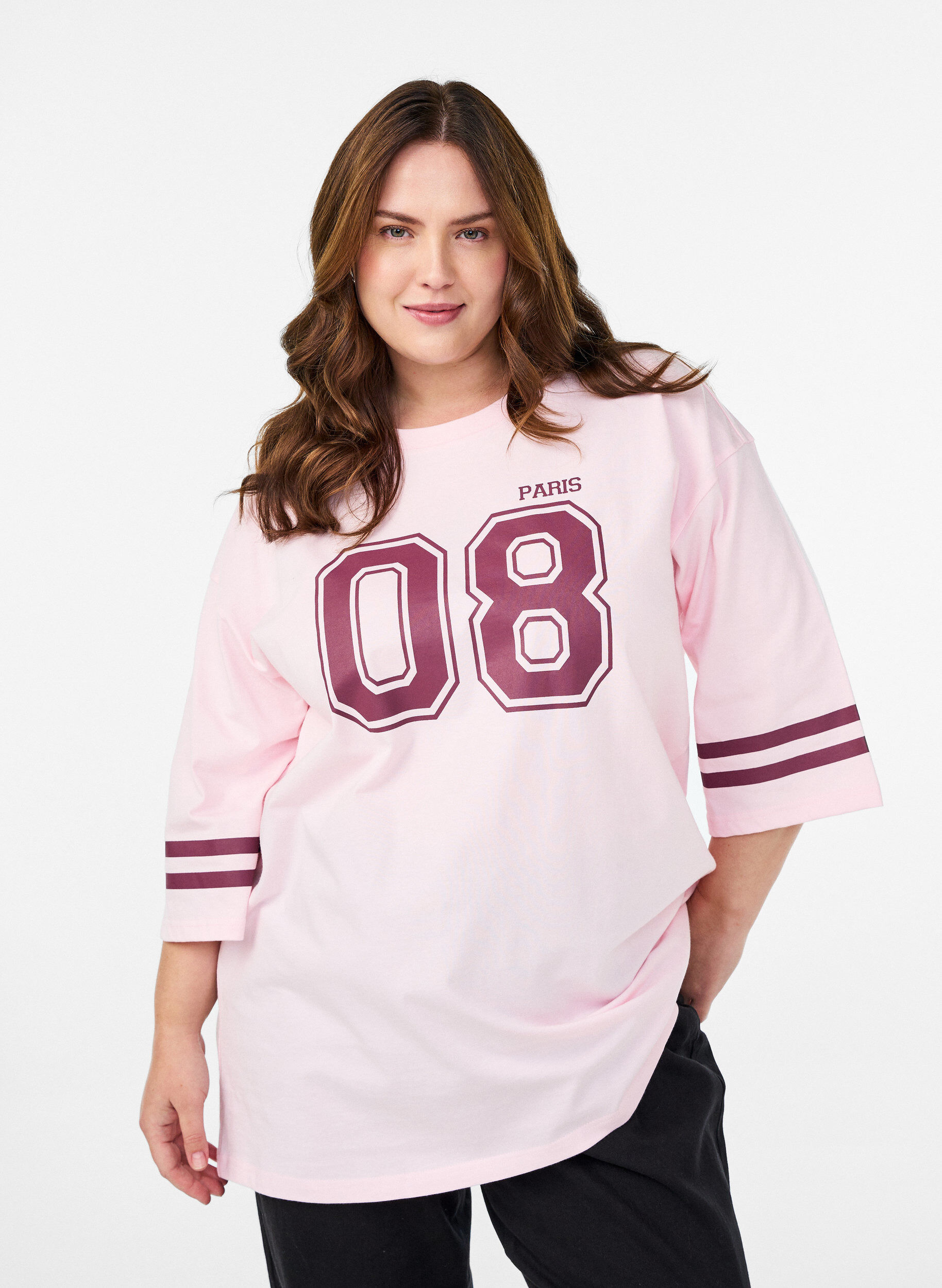 Oversize College-T-Shirt mit 3/4-&Auml;rmeln, Pink, Model