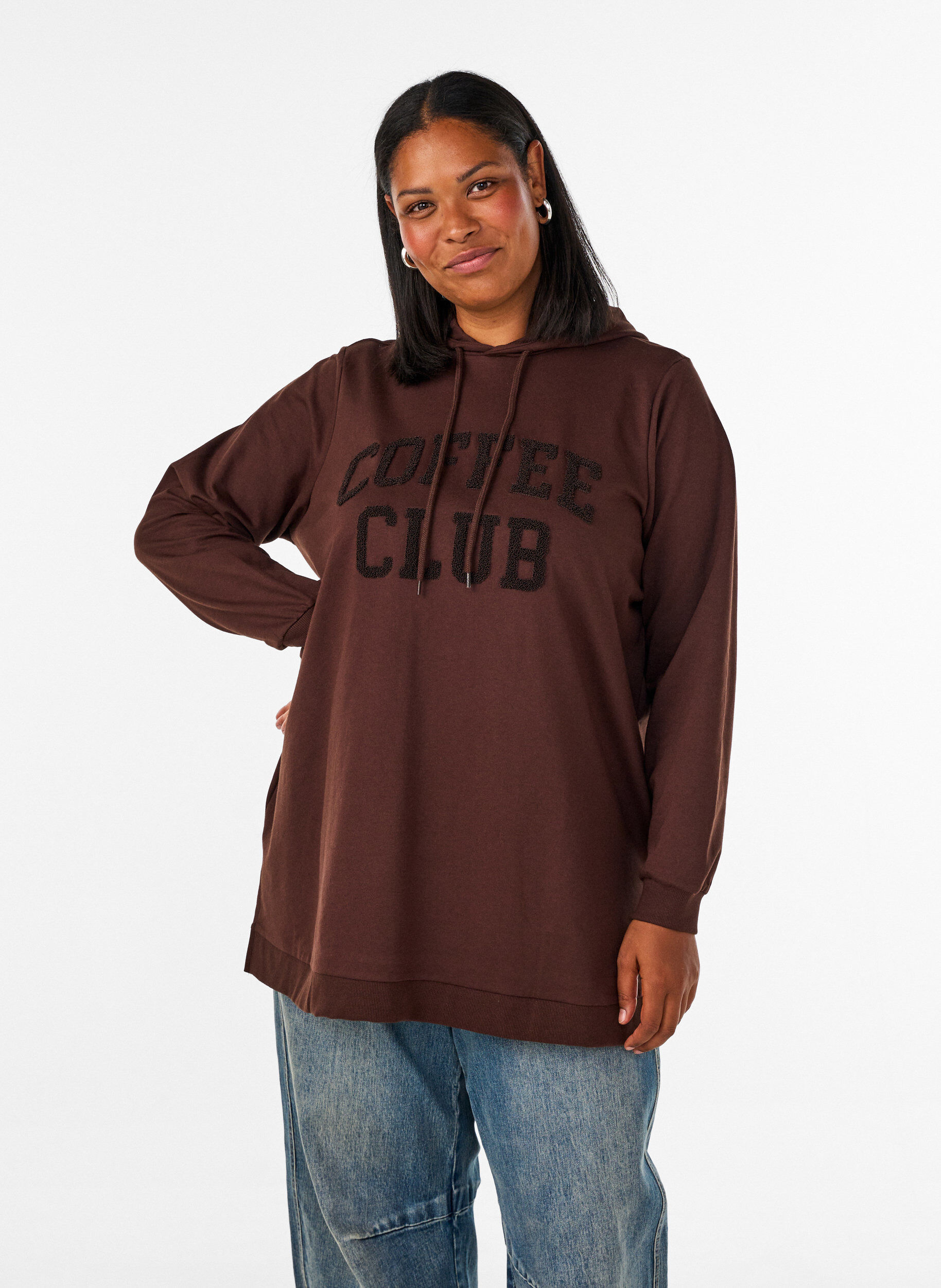 Hoodie mit Textmotiv aus Frottee, Braun, Model
