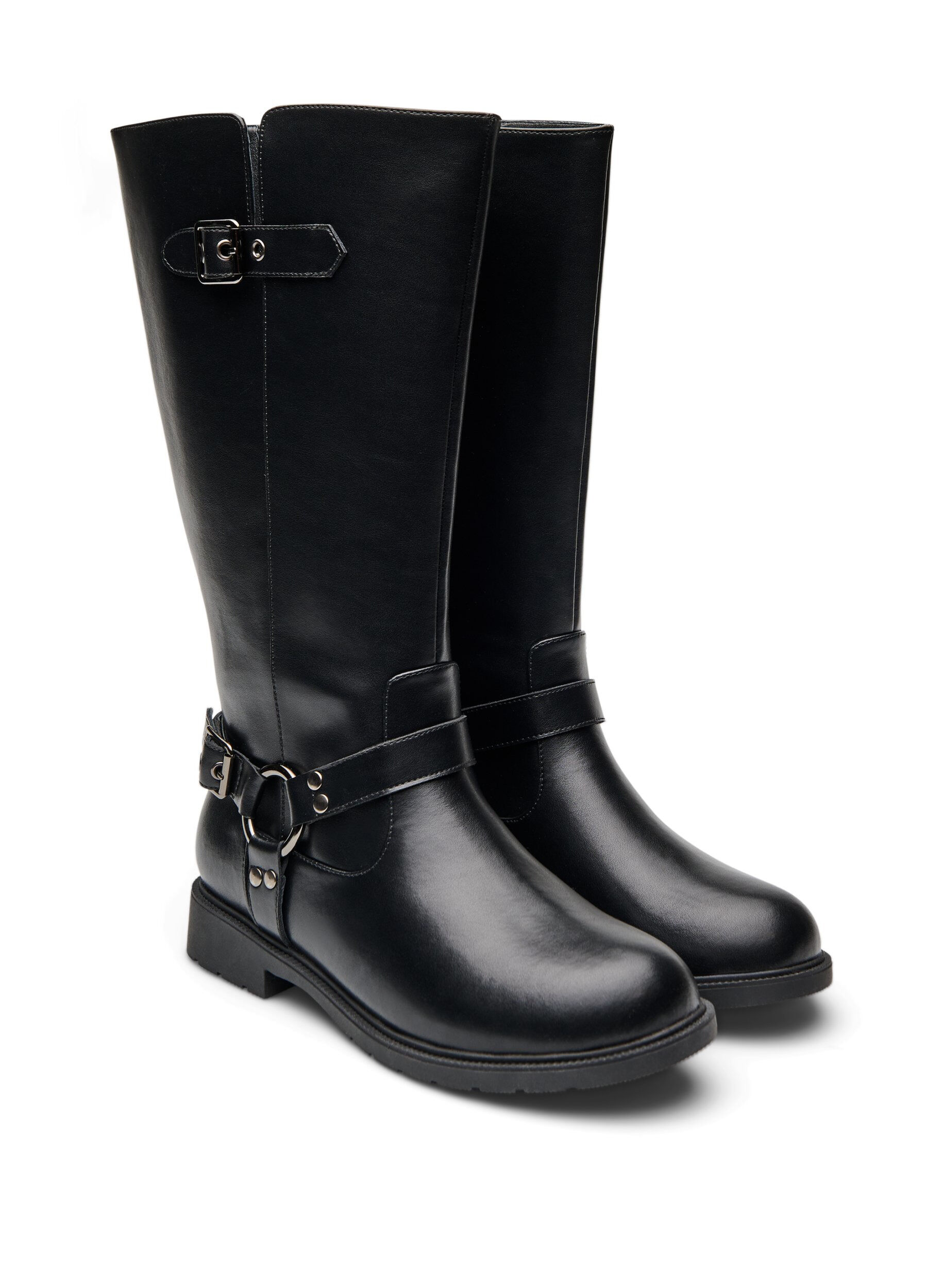 Zizzi Extra-Weite - Hoher Lederstiefel mit dekorativen Schnallen, Schwarz, Packshot image number 1