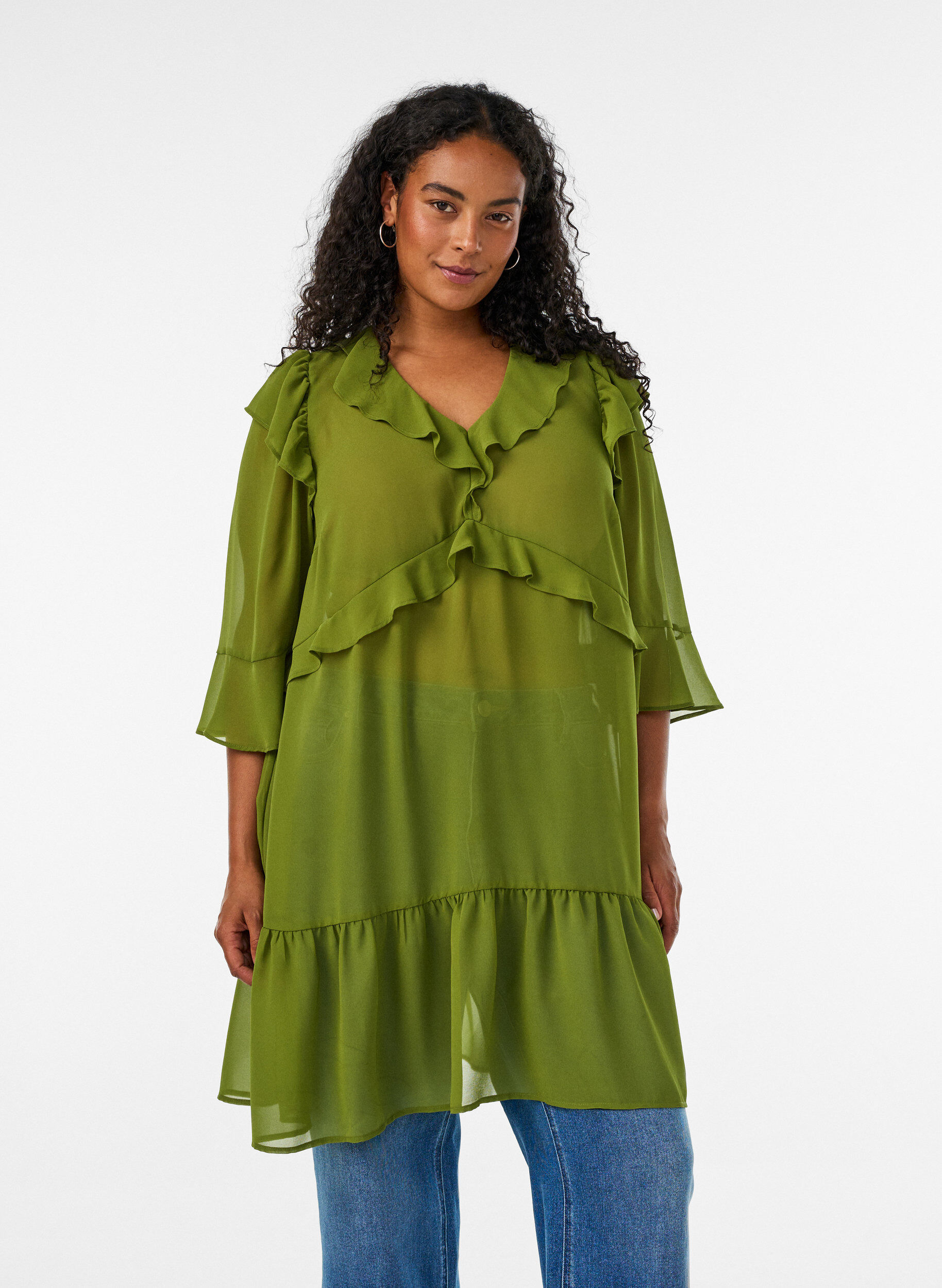Leichtes Kleid mit R&uuml;schen und V-Ausschnitt, Gr&uuml;n, Model