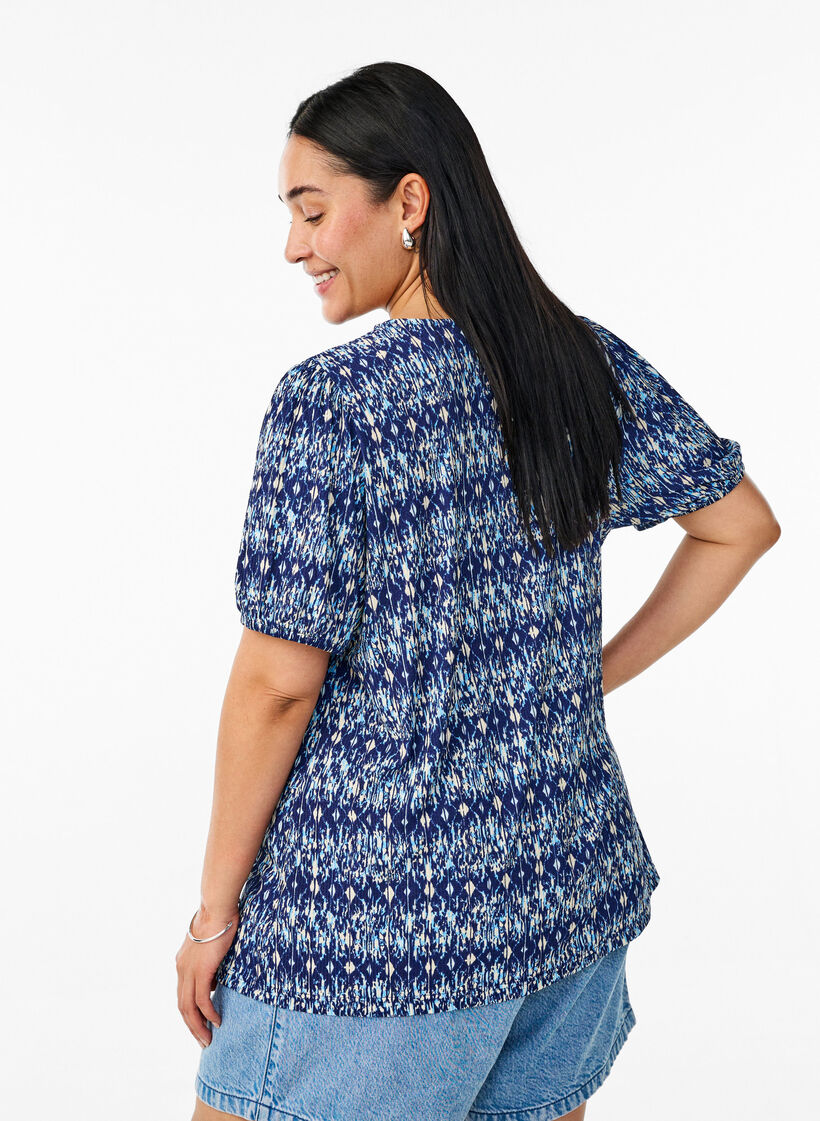 Gemusterte Bluse mit kurzen Ärmeln, Blau, Model image number 2