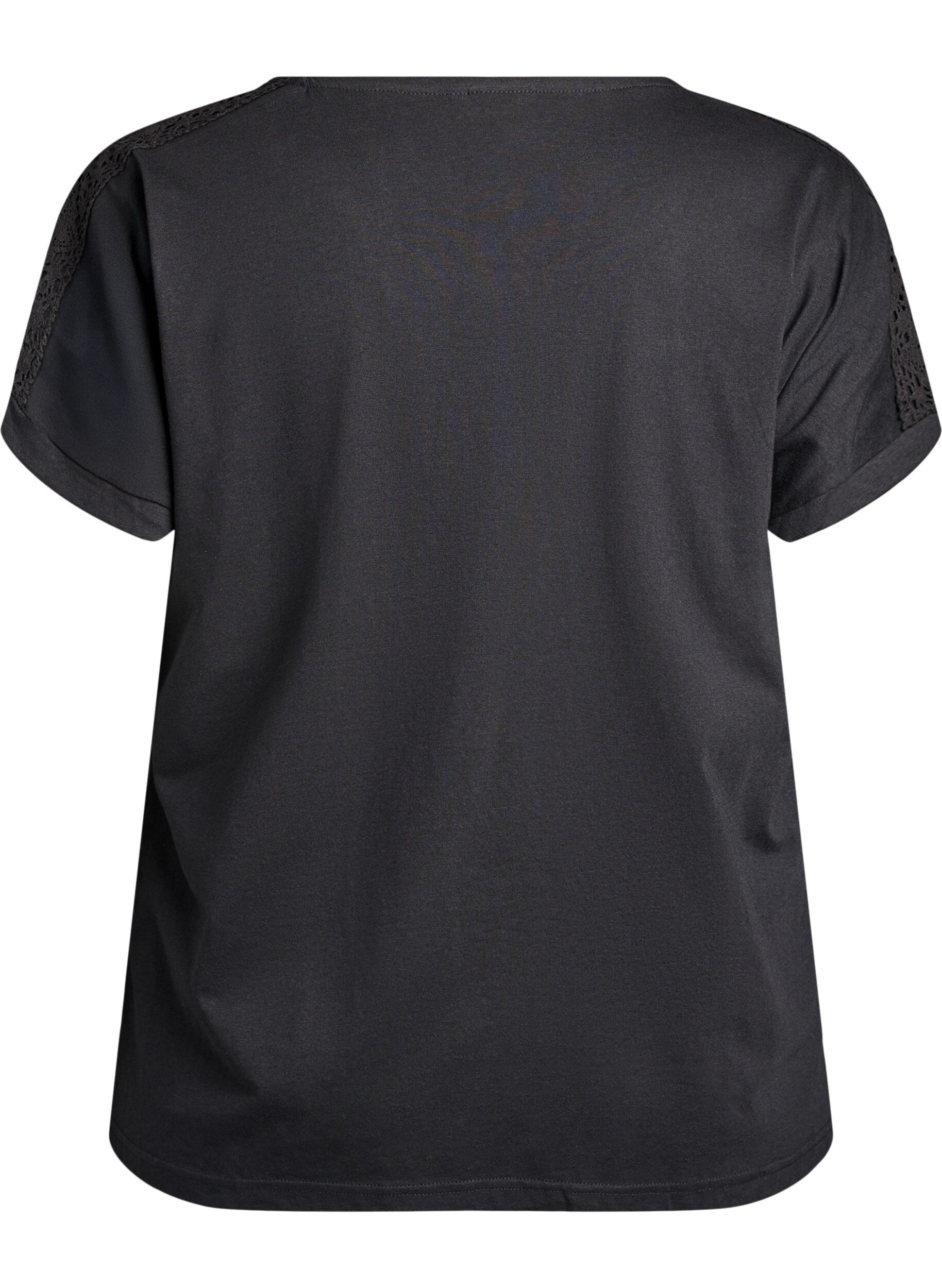 ZizziT-shirt en coton avec d&eacute;tails au crochet, Noir, Packshot image number 1