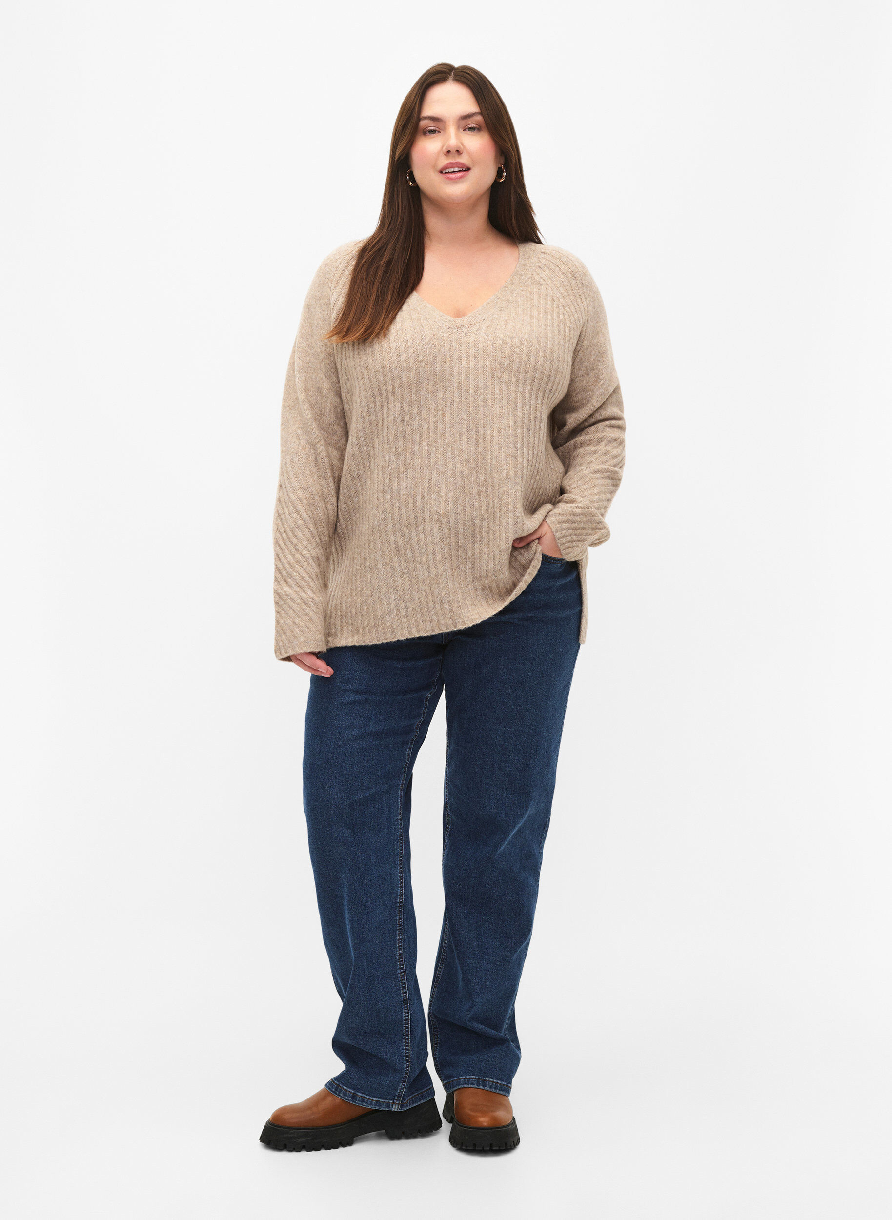 Zizzi Pull en tricot avec fente, Simply Taupe Mel., Model image number 2