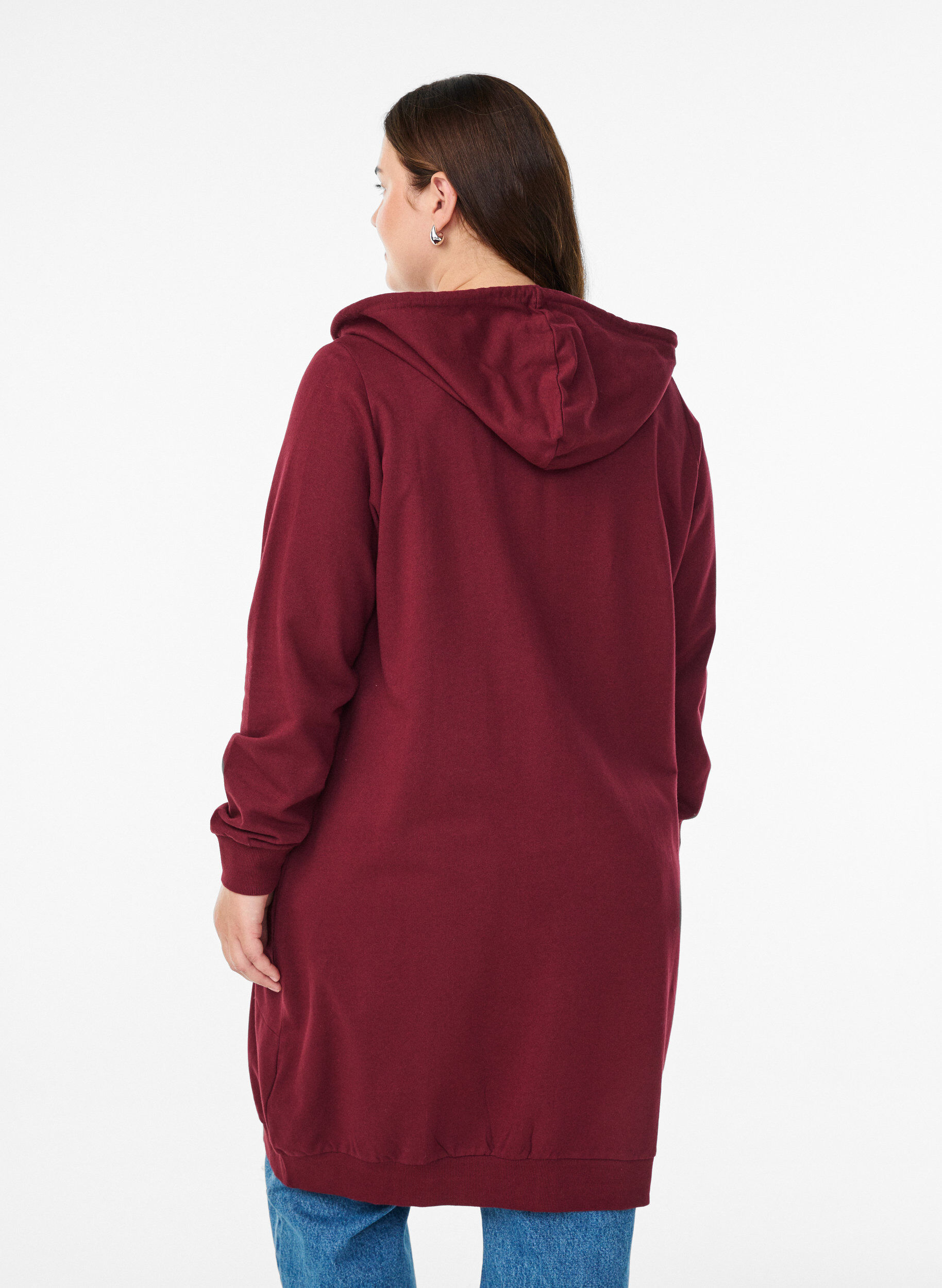 Zizzi Lange Sweatjacke aus Baumwolle mit Kapuze, Dunkles Bordeaux, Model image number 2