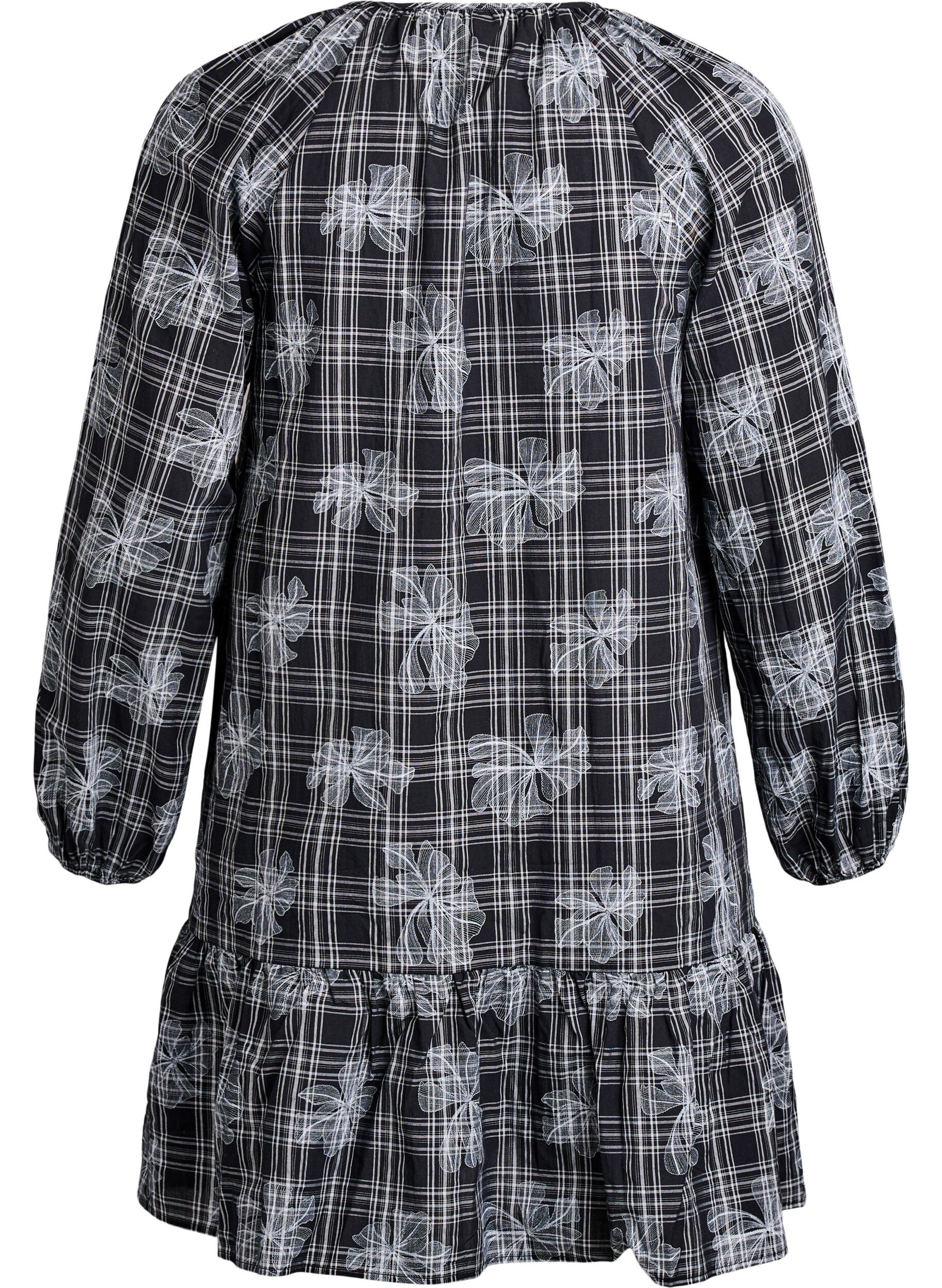 Zizzi Kurzes Kleid mit Karo- und Blumenmuster, Schwarz, Packshot image number 1