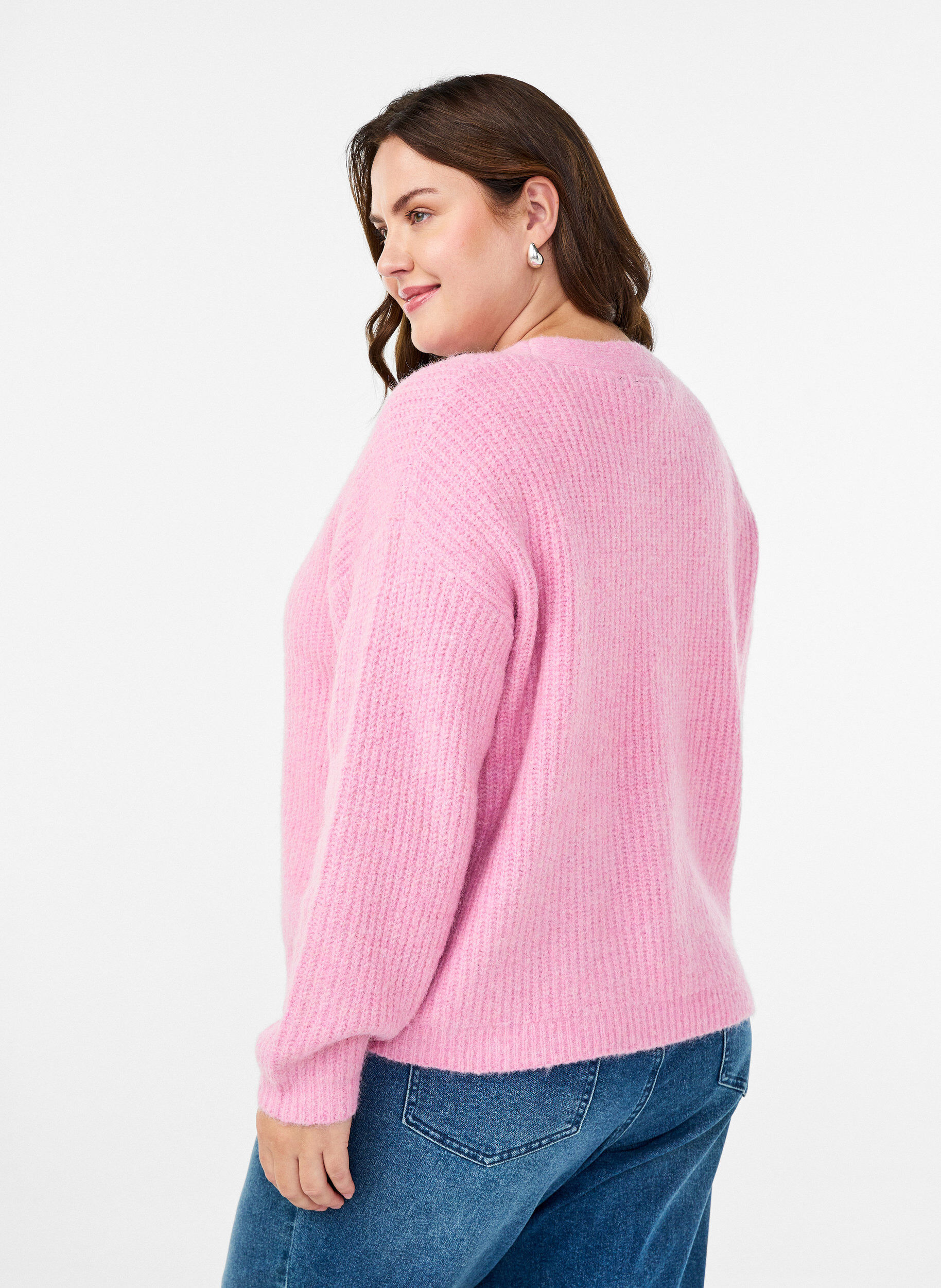 Zizzi Strickjacke mit V-Ausschnitt, Pink, Model image number 2