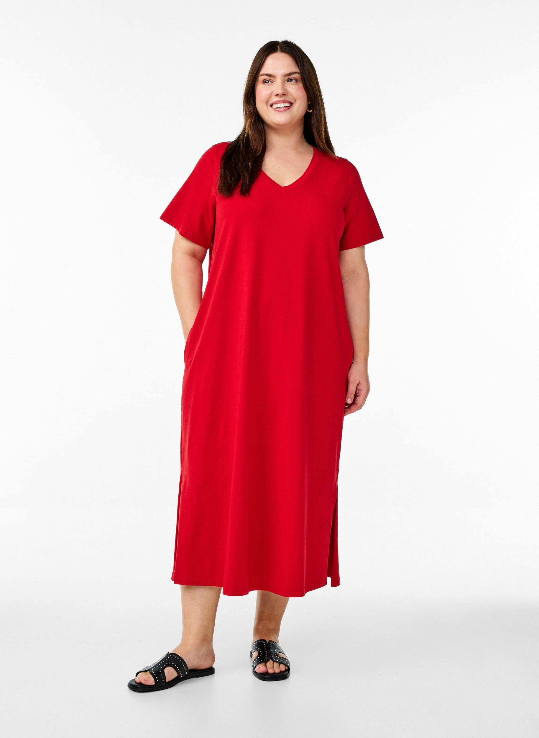 Zizzi Midi-T-Shirtkleid mit V-Ausschnitt, Rot, Model image number 0