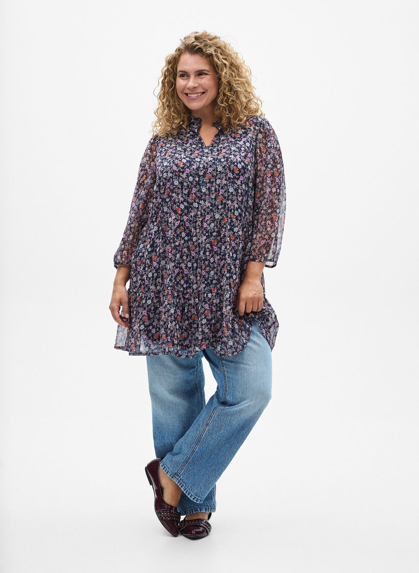 Tunika aus Viskose mit gebl&uuml;mtem Print und Glitzerf&auml;den, Blau, Model image number 1