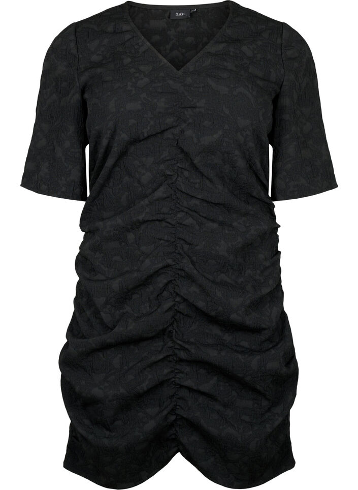 Robe à manches courtes avec tissu texturé et drapés, Black, Packshot image number 0