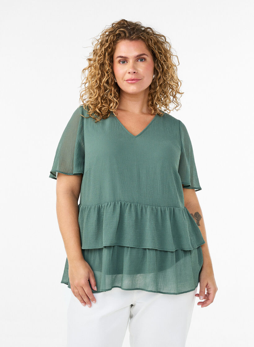 Blouse avec col en V et volants, Vert, Model image number 0