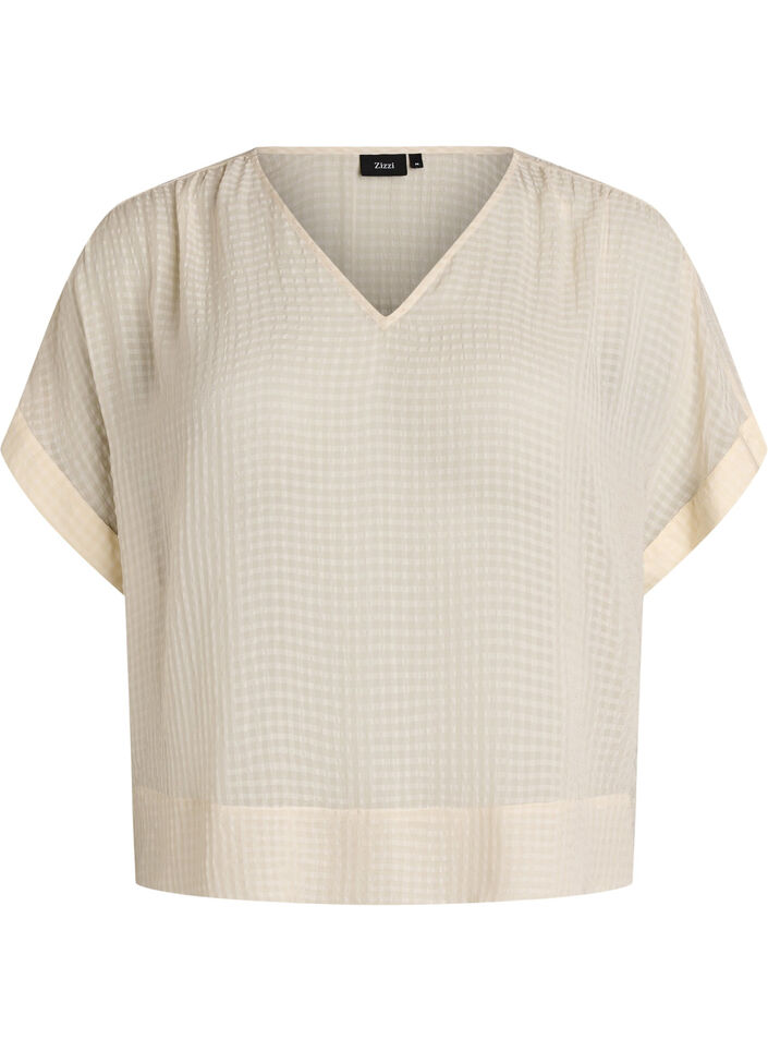 Blouse en seersucker avec col en V, Beige, Packshot image number 0