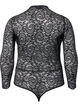 Bodystocking &agrave; manches longues en dentelle avec col en V, Black, Packshot image number 1