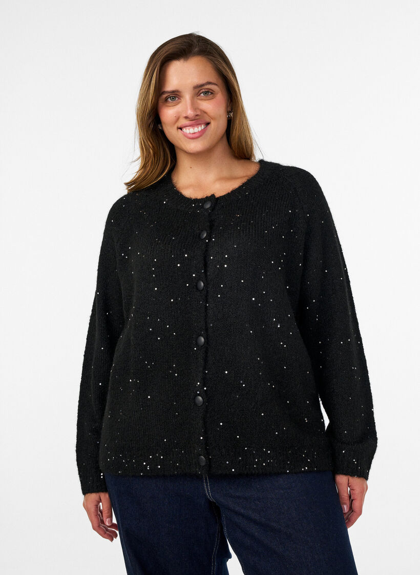 Cardigan avec sequins et boutons, Noir, Model image number 0