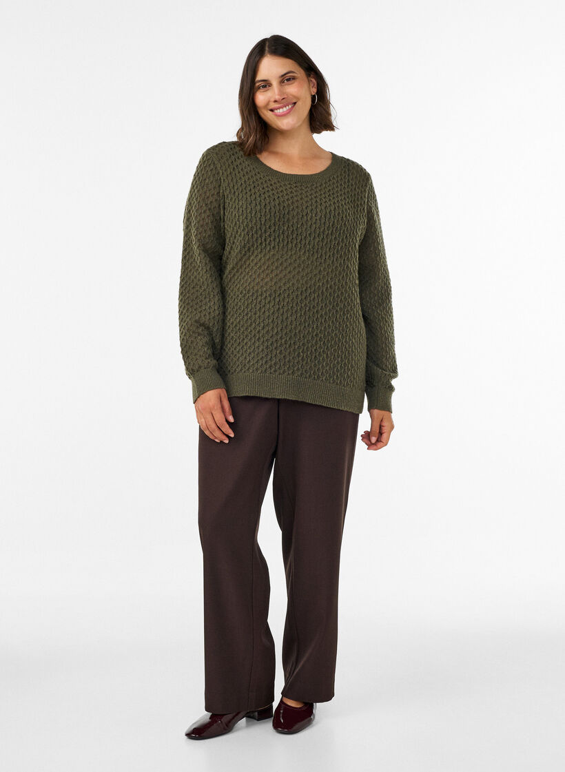 Blouse en maille avec motif ajour&eacute; textur&eacute;, Vert fonc&eacute;, Model image number 1