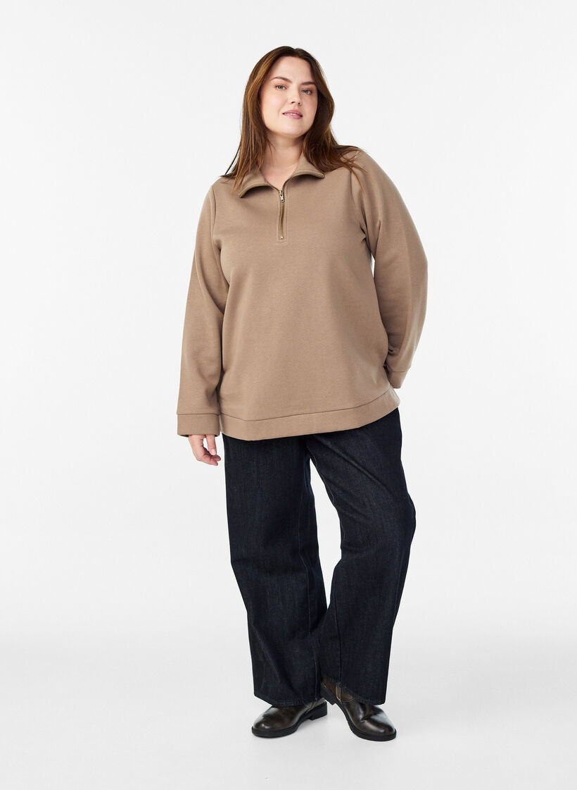 Sweatshirt mit hohem Kragen und Reißverschluss, Braun, Model image number 1