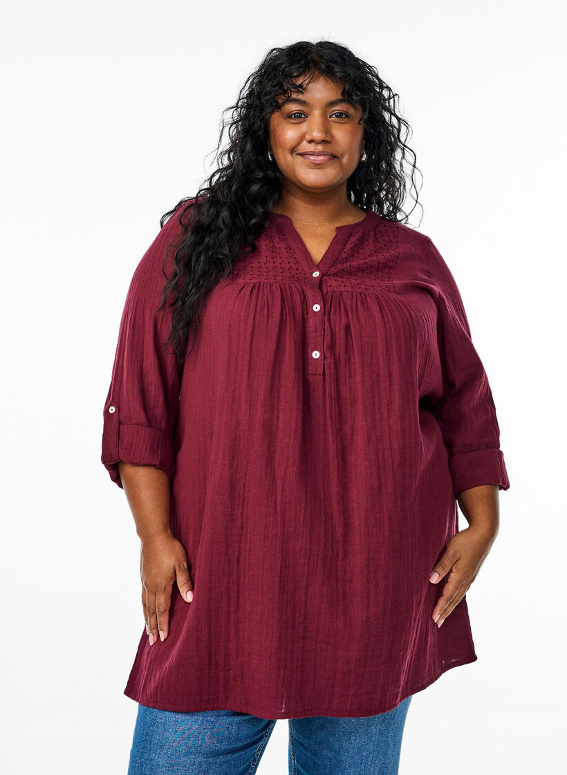 Tunique en mousseline de coton avec broderie anglaise, Bordeaux fonc&eacute;, Model image number 0