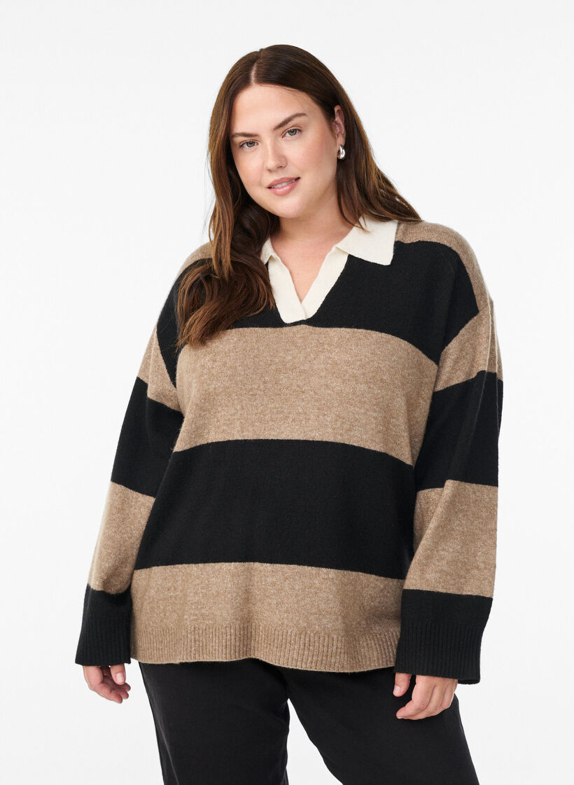 Chemisier en maille avec col et décolleté en V, Noir, Model image number 0