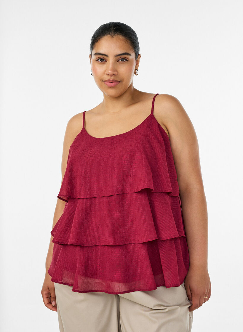 Top superpos&eacute; avec volants et fines bretelles, Rouge, Model image number 0