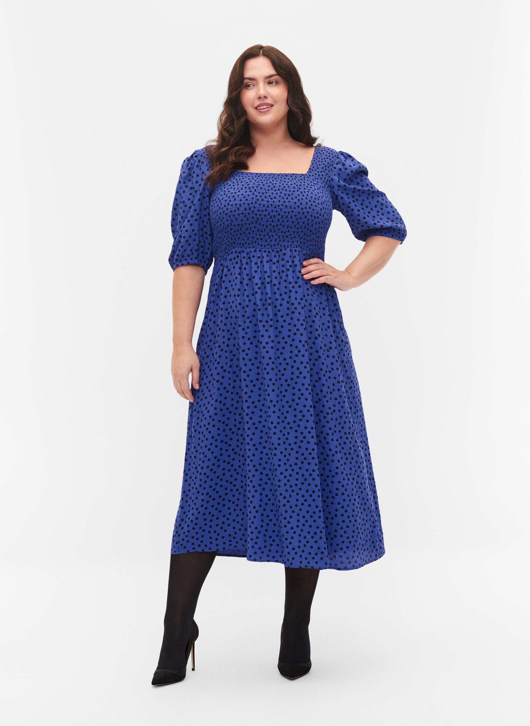 Zizzi Gepunktetes Kleid aus Viskose mit Smock, R.Blue w. Black Dot, Model image number 0