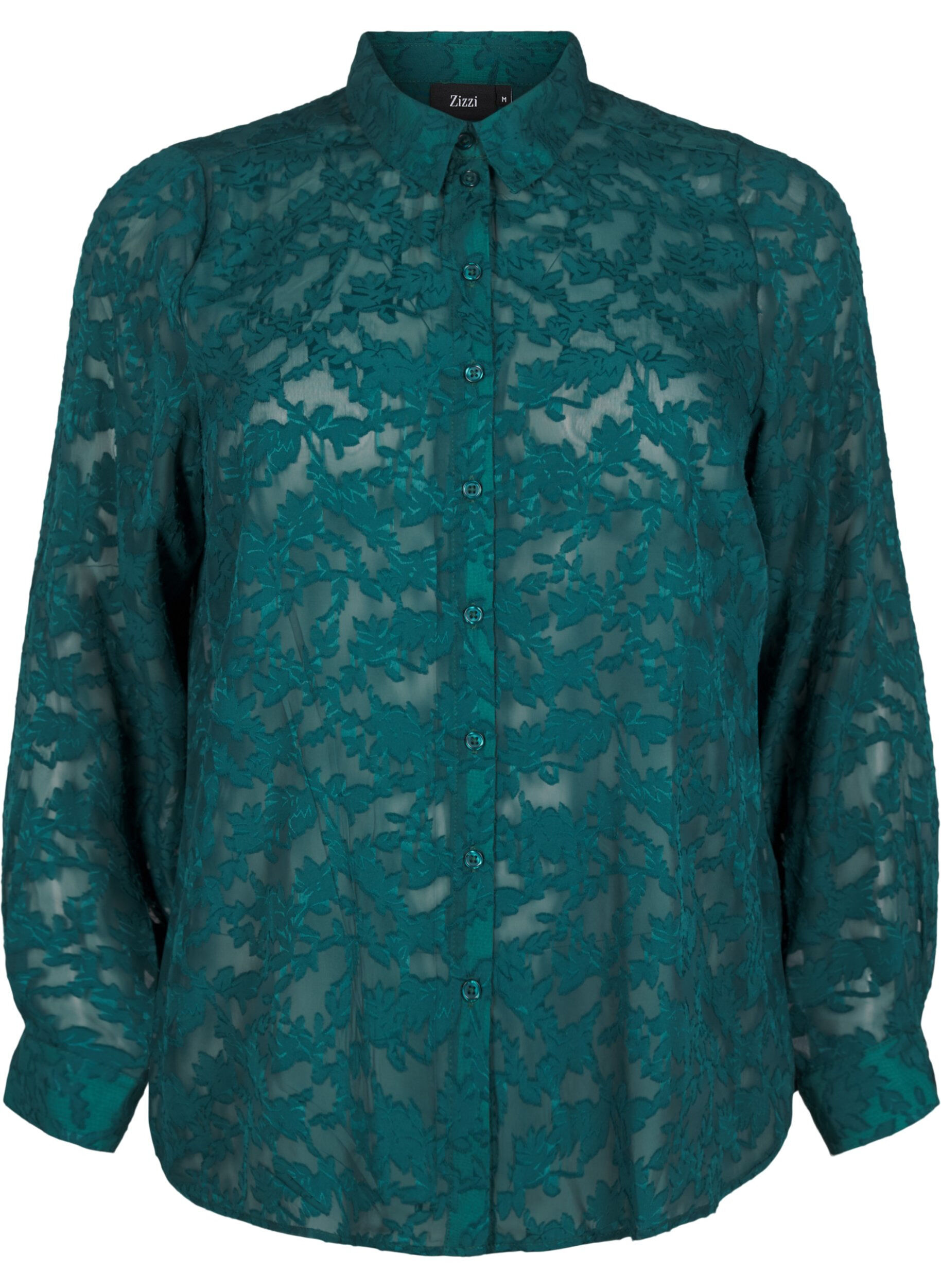 Zizzi Une chemise en maille jacquard avec boutons, Rain Forest, Packshot image number 0